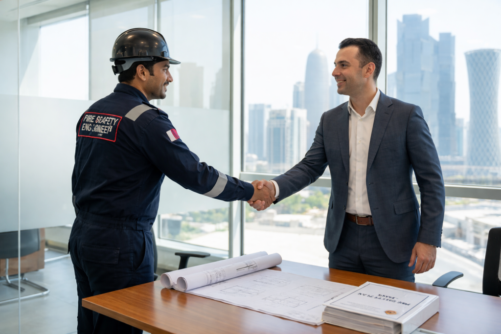 Adam Technical Services consultant reviewing fire safety standards with a client in a Doha office, helping them choose the right fire protection company in Qatar.