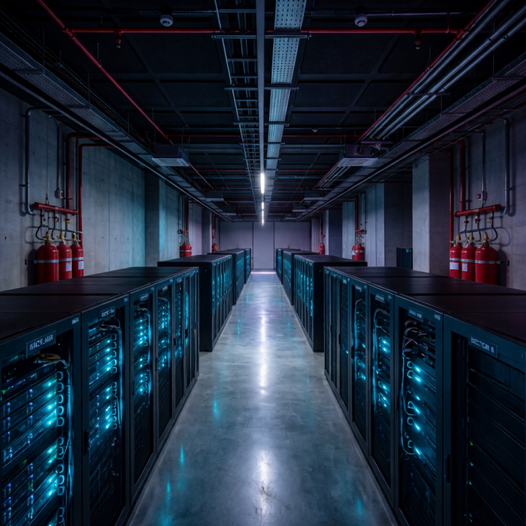 Premium modern data center in Doha, Qatar featuring integrated fire suppression systems and sleek server racks with LED lighting.