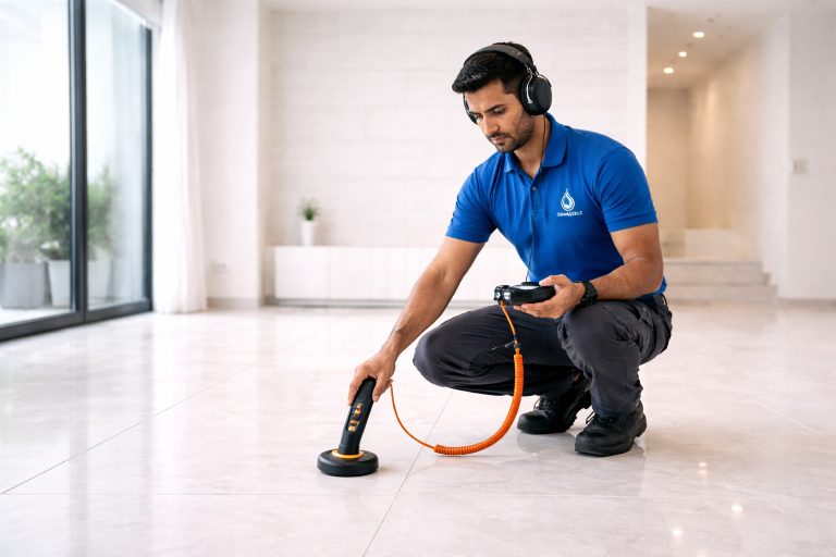 Adam Technical Services technician using acoustic sensors to find a hidden underground water leak in a Doha villa