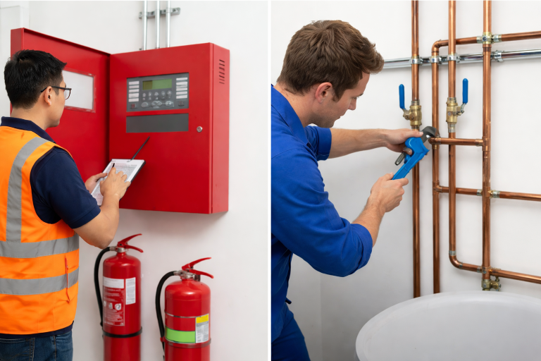 Adam Technical Services technician repairing a Honeywell fire alarm panel in Qatar