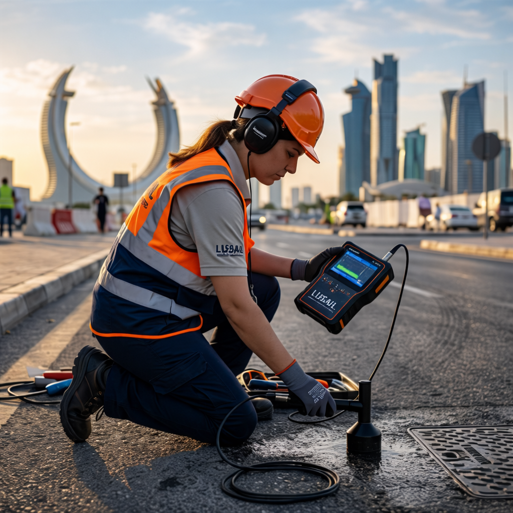 Professional technician performing underground water leak detection in Lusail, Qatar using high-precision acoustic sensors.