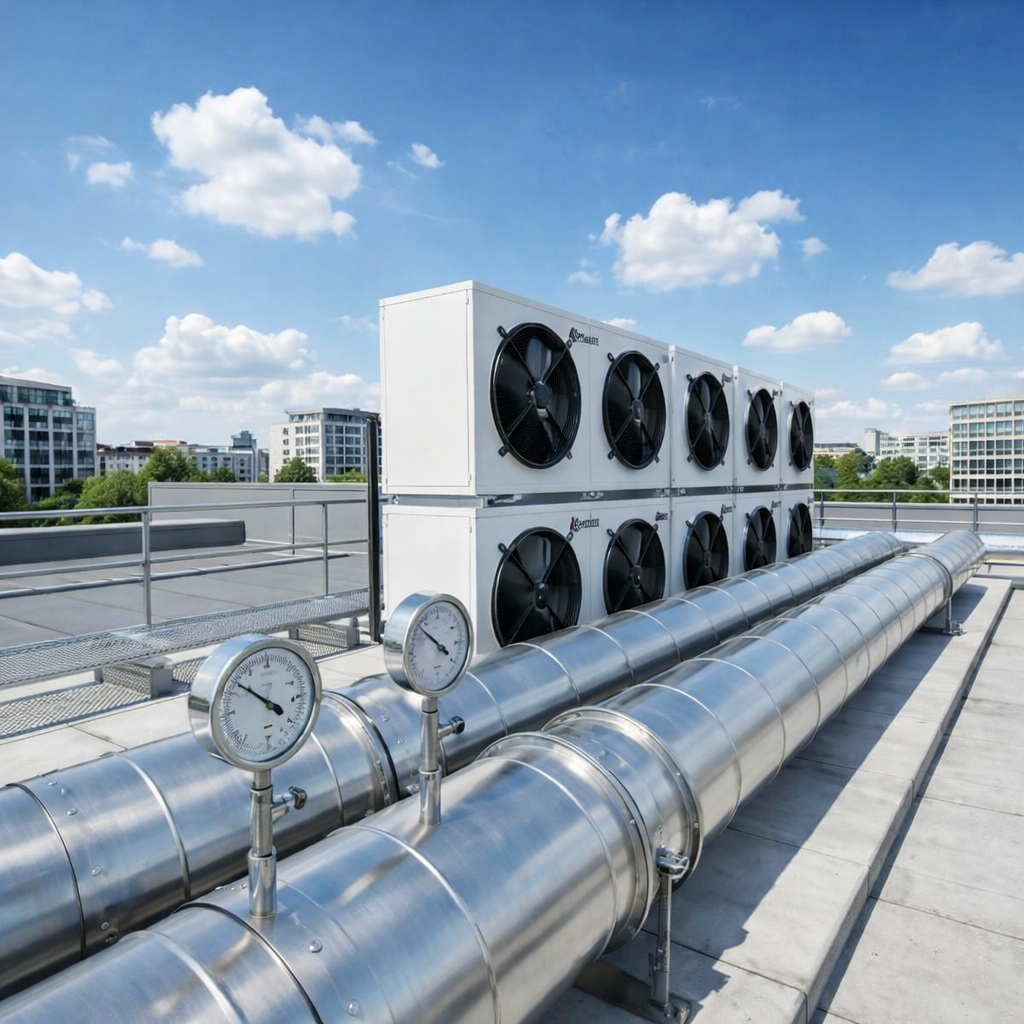 Commercial HVAC units and silver ductwork on a rooftop in Qatar, illustrating professional AC repair and maintenance services
