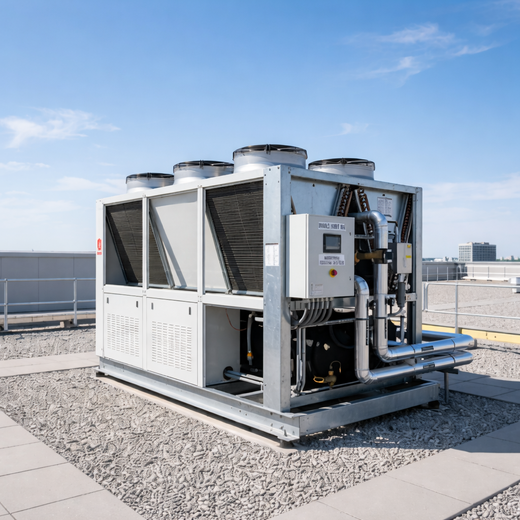 A clean, high-resolution photo of a modern industrial HVAC cooling unit on a rooftop, representing professional technical services in Qatar